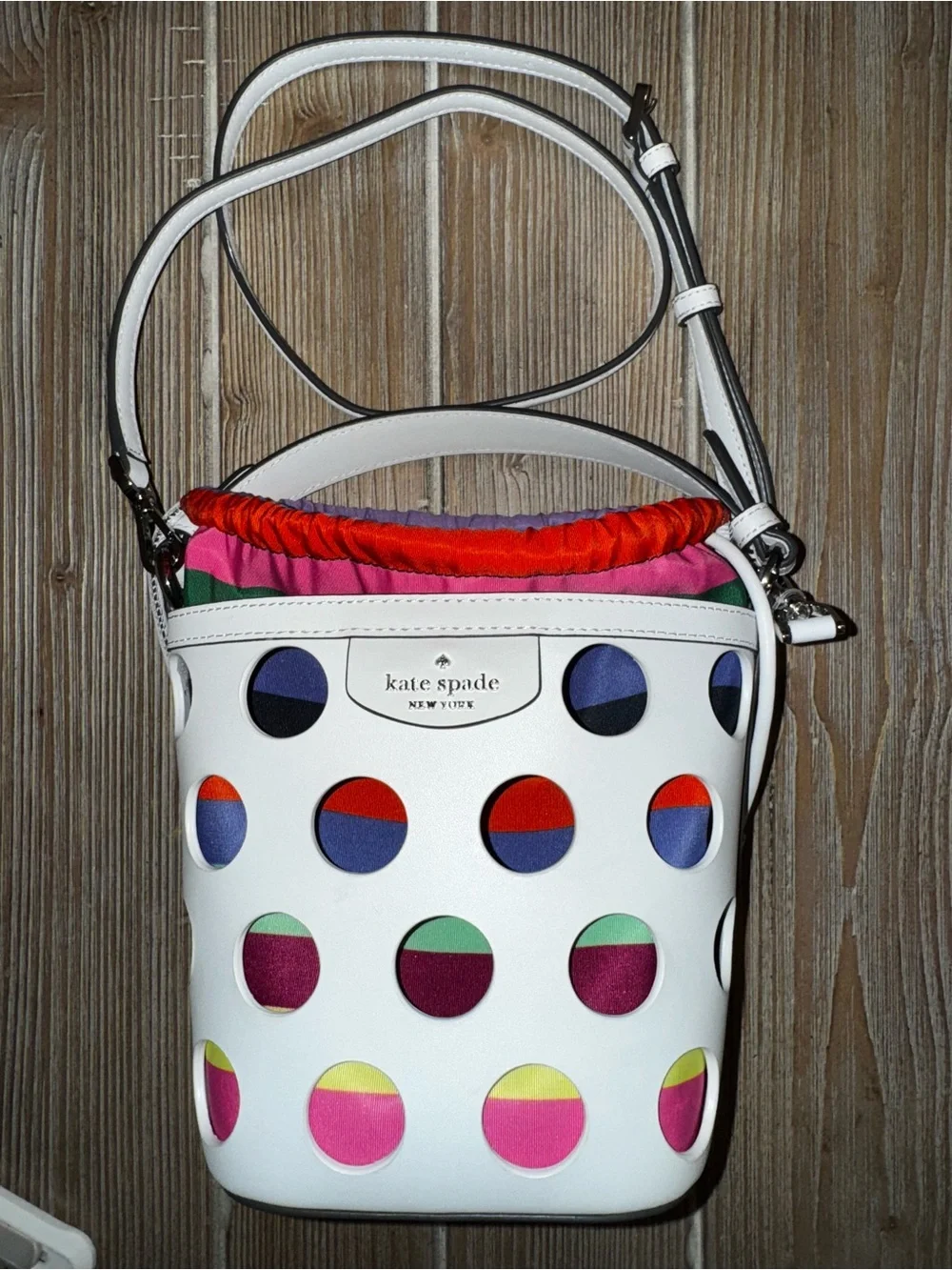 KWOT Kate Spade Pippa Perforated Dot Leather Bucket Bag with Multicolor Liner